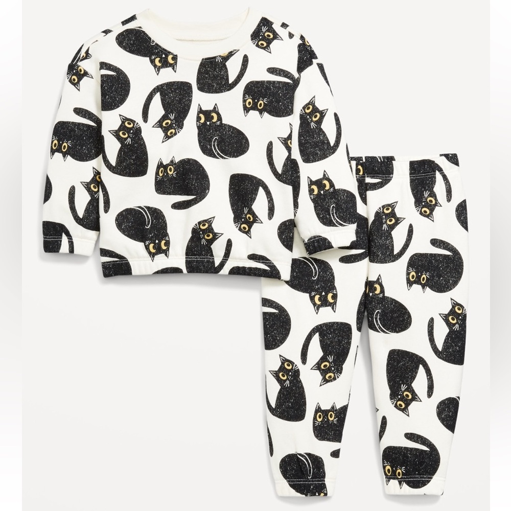 Old Navy Kids Sweatshirt Sweatpants Set with Black Cat Design Joggers Track Suit